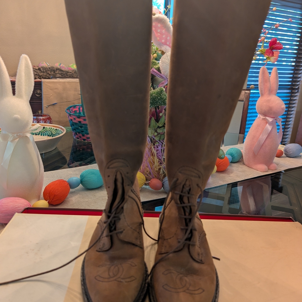 Tall Brown Leather Lace-Up Boots with Embossed CC Logo